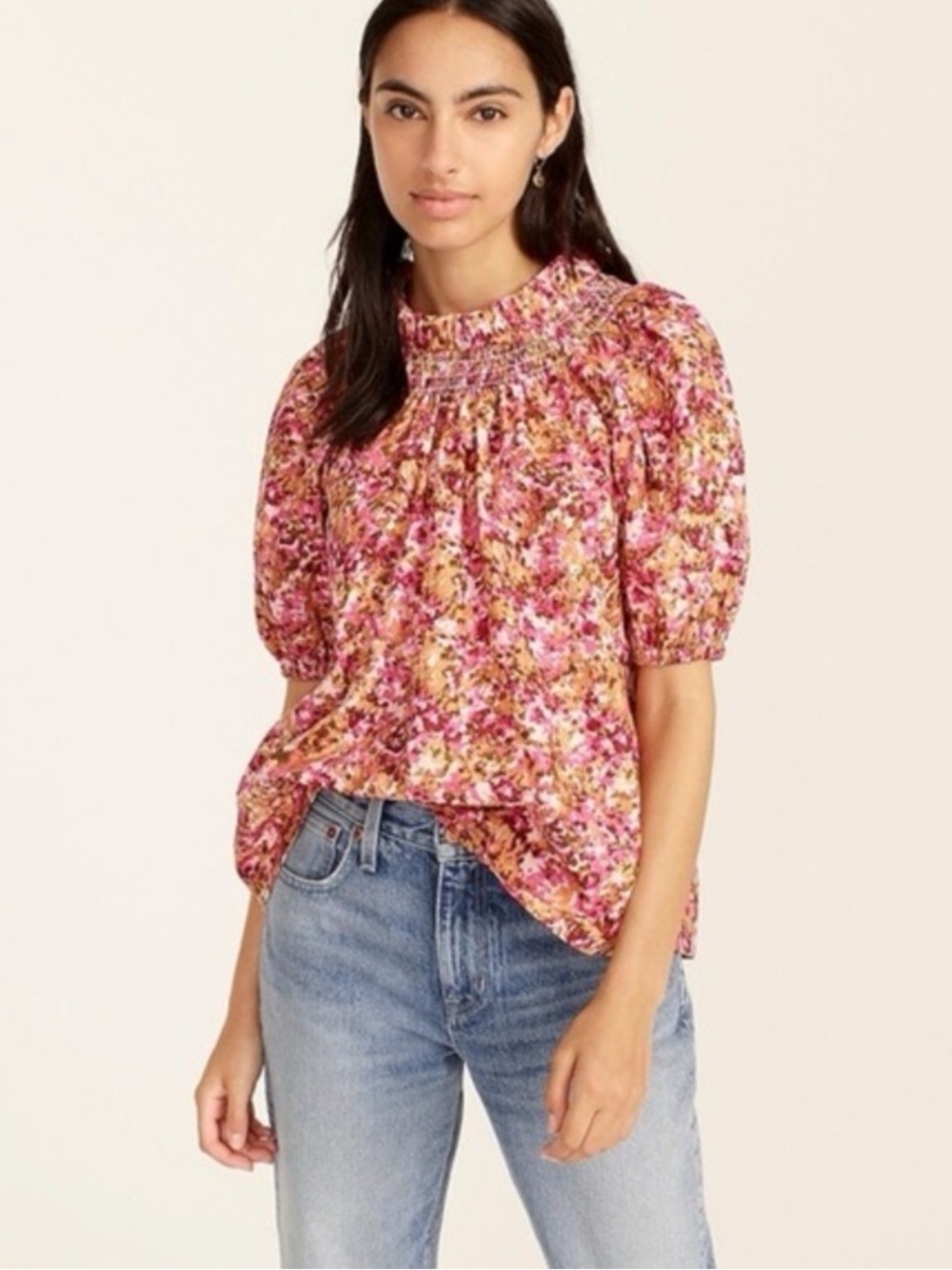 J. Crew Smocked Puff-Sleeve Blouse, Ties In Back, Pink Faded Floral, Size XXS